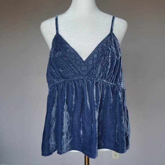 Lucky Brand Baby Doll Embroidered Velvet Sleeveless Top Blue Womens Size L - Picture 5 of 13